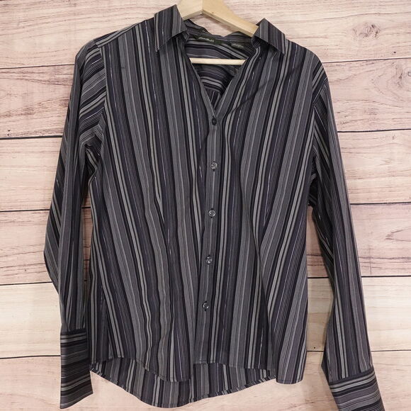 EDDIE BAUER STRETCH WRINKLE RESISTANT GREY STRIPED METALLIC BUTTON UP WOMENS M - Picture 1 of 6